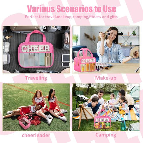 BuyCard Cheer Chenille Letter Bags Clear Makeup Bag for Travel, Cheerleader Gifts Cosmetic Bag with Handles and Zipper, Nylon & PVC Waterproof Large Cheer Accessories Toiletry Bag for Women