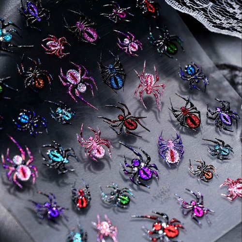 Dark Gothic Halloween Nail Stickers 3D Realistic Evil Spiders & Bloody Spider Web Self-Adhesive Nail Art Decoration for Women Girls Halloween Party
