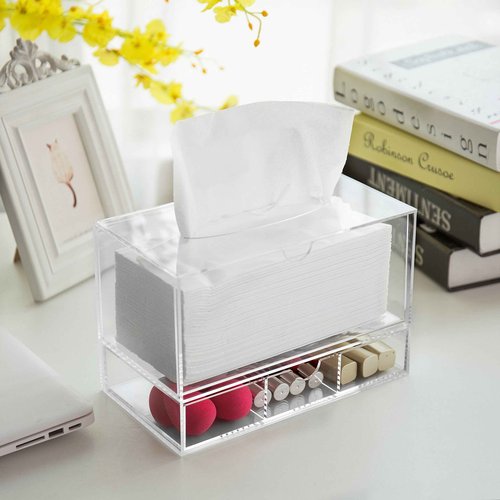 MyGift Modern Clear Acrylic Facial Tissue Dispenser Holder with Pull-Out Drawer for Makeup Cosmetics and Accessories, Vanity Countertop Bathroom Supplies Caddy