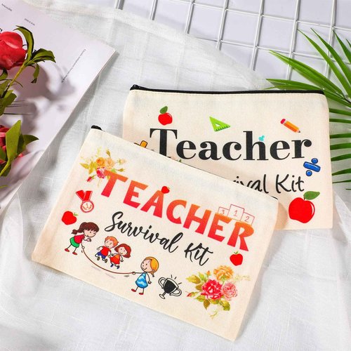 Frienda 48 Pieces Teacher Appreciation Present Set 24 Pcs Teacher Survival Kit Makeup Bag Pouch 24 Pcs Blessing Card Bracelet Cosmetic Bag Kit for Back to School Thanksgiving Party