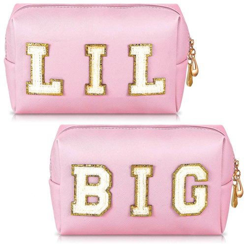 Hillban 2 Pieces Big Little Sorority Gifts Preppy Cosmetic Bag PU Leather Letter Patch Makeup Bag Portable Preppy Purse with Zipper Pouch Waterproof Travel Organizer for Women(Pink)
