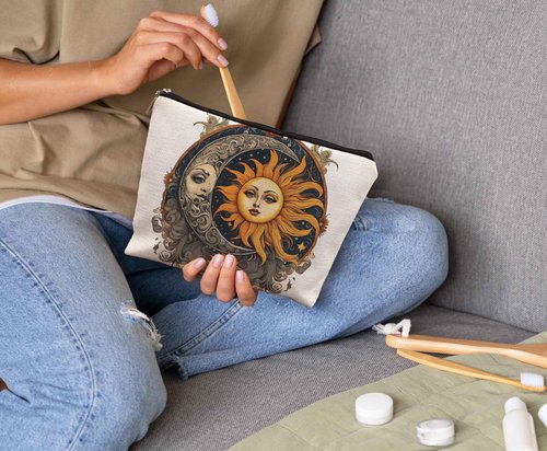 uinwk Boho Celestial Sun and Moon Makeup Pouch - Witchy, Aesthetic Cosmetic Bag for Women - Halloween Gifts