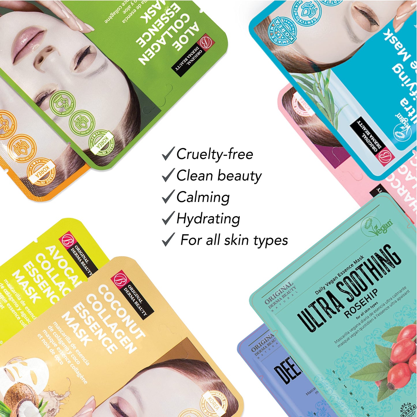 Innerest Original Derma Beauty Collagen Face Masks 24 PK Vegan Ultra Soothing Rosehip Face Mask Skin Care Sheet Masks Set for Beauty & Personal Care Korean Face Mask