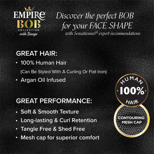 Sensationnel Empire Bob Humanhair Wig - Straight Cut Face Framing Mesh Cap for Comfort With Bangs (10 inch, 1 JETBLACK)