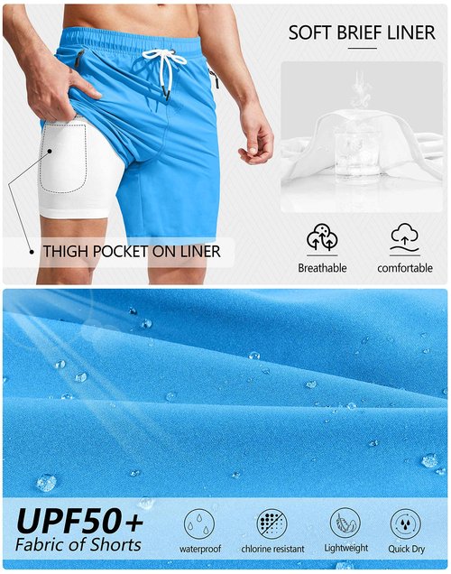 Viodia Men's Swim Trunks with Compression Liner Quick Dry Board Shorts Swimsuit Swimwear for Men with Zipper Pockets Blue