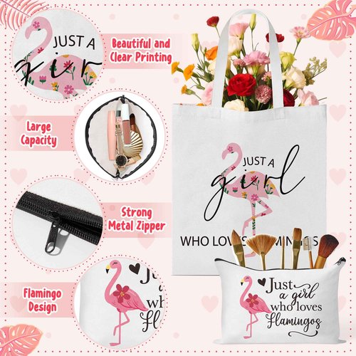 Y1tvei Flamingo Canvas Bag Gifts - 11Pcs Just A Girl Who Love Flamingos Canvas Tote Bag Makeup Pouch, Thermos Cup Stockings Pink Bracelet Card Adorable Earrings Keychain, Flamingo Lover Gift for Girls