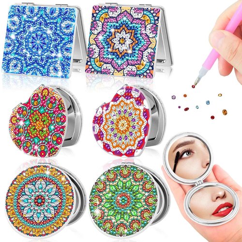 Thyle 6 Pcs Painting Compact Mirror DIY Painting Pocket Portable Folding Purse Mirror with Magnification Diamond Art Kits for Women Gifts