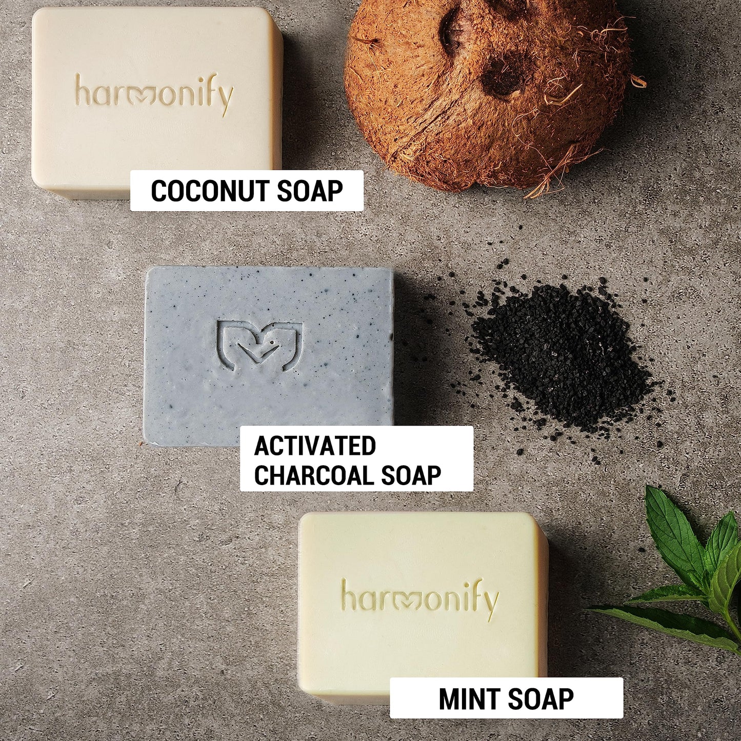 HARMONIFY All Natural Set of 3 Soap Bars, Mint, Coconut, Actived Charcoal with Wooden Soap Dish, Assortment of Hand-Made Soaps, Skin Revitalizing, Moisturizing, Healthy, Made in Europe