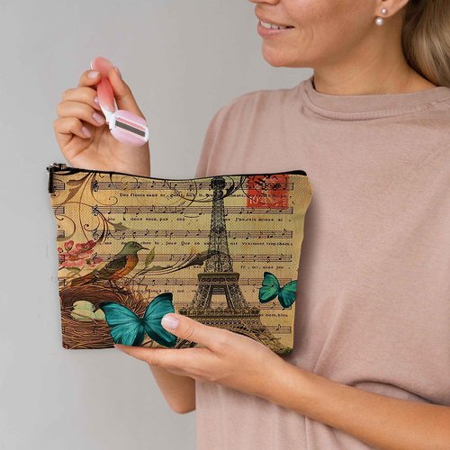 NEGIGA Modern Vintage Paris Eiffel Tower Floral Bird Butterfly Botanical Art Makeup Bag Travel Cosmetic Bags,Rustic French Style Cosmetic Bags with Zipper Pouch Travel Toiletry Case