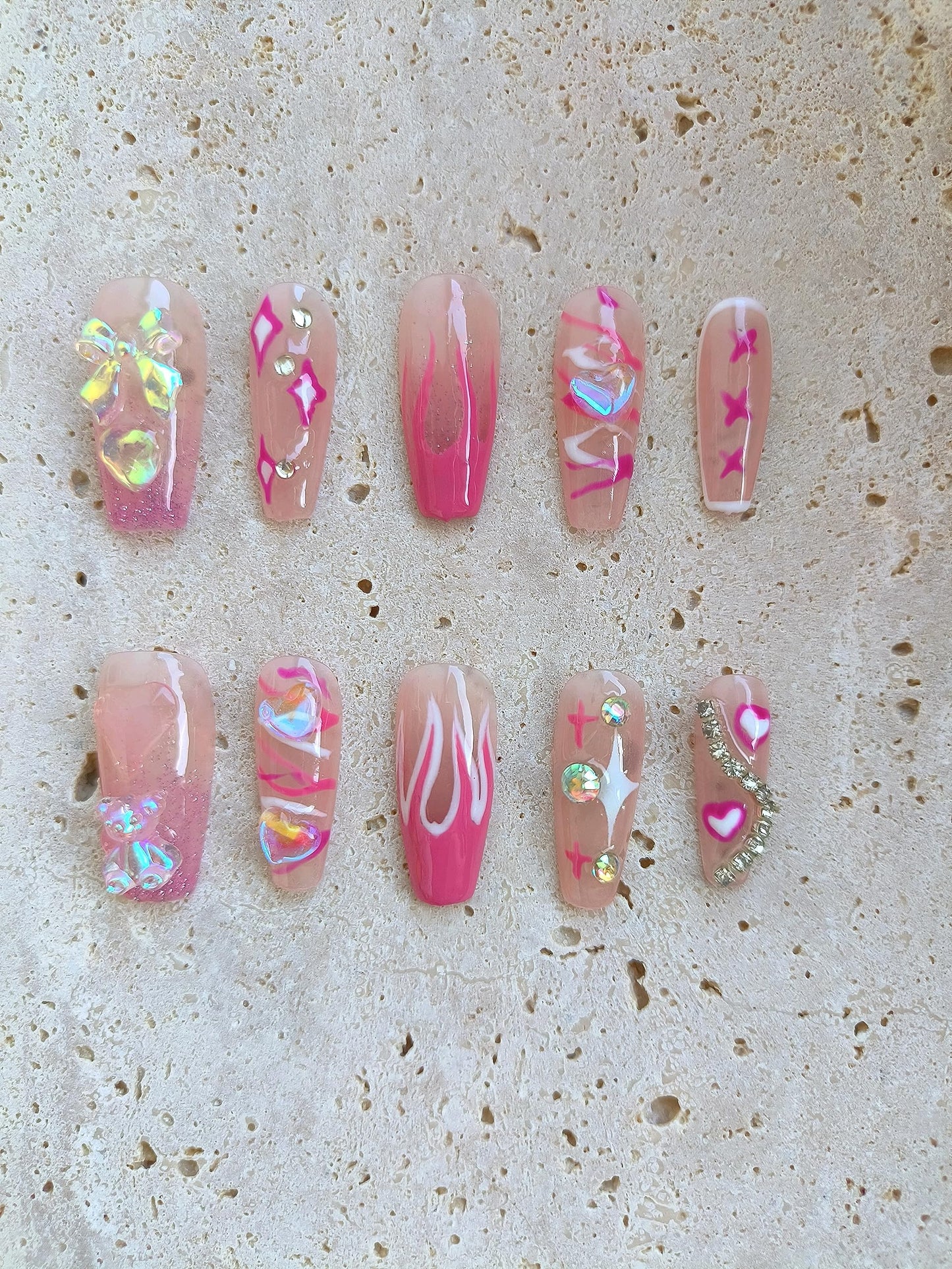 Handmade 10pcs Press on Nails Ballerina Coffin Almond Oval, Fake Nails for Women, Fit & Natural, Stick on Nails Acrylic Reusable Nails, False Nails with Toolkit (Medium, Pink Fire Y2K)