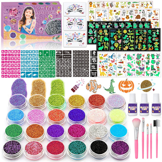 TEUVO Kids Glitter Tattoo Kit with 24 Colors, 232 Stencils, 3 Face Jewel Stickers, 5 Brushes, 3 Glue, 100+ Colorful & 100+ Glow-in-the-dark Temporary Tattoos Stickers for Halloween Birthday Festival