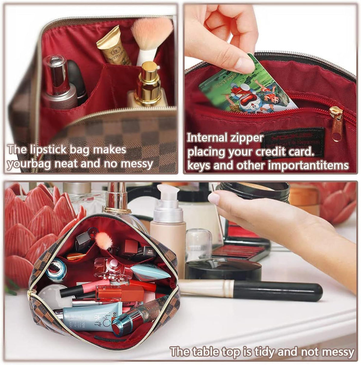 Travel Makeup Bag Waterproof Leather Checkered Cosmetic Organizer