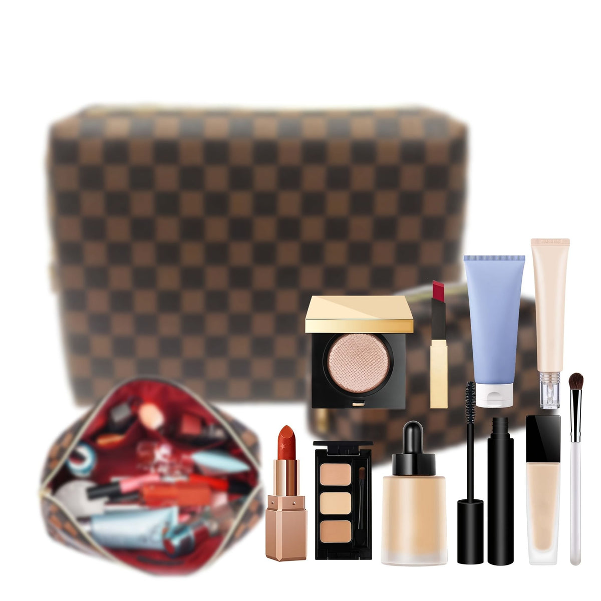 Travel Makeup Bag Waterproof Leather Checkered Cosmetic Organizer