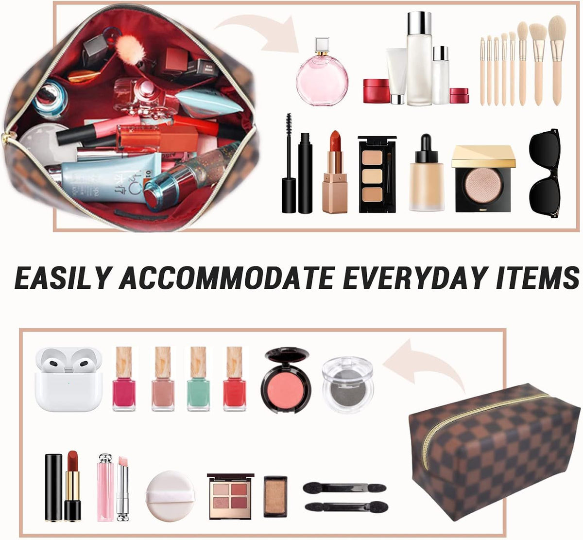Travel Makeup Bag Waterproof Leather Checkered Cosmetic Organizer