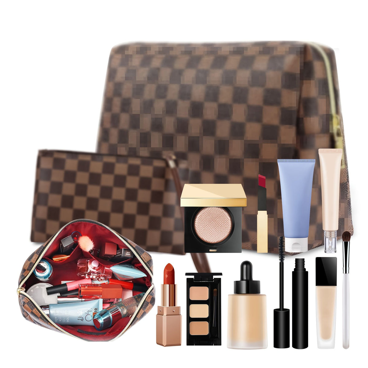 Travel Makeup Bag Waterproof Leather Checkered Cosmetic Organizer