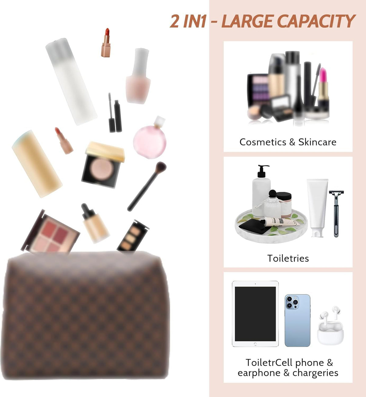 Travel Makeup Bag Waterproof Leather Checkered Cosmetic Organizer