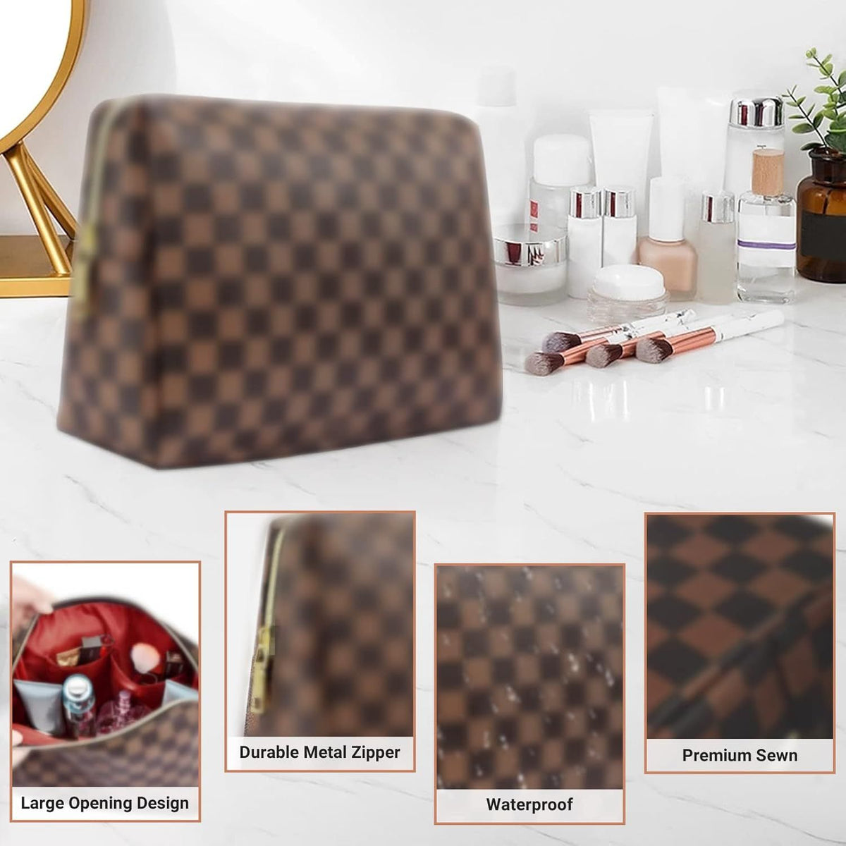 Travel Makeup Bag Waterproof Leather Checkered Cosmetic Organizer