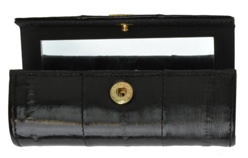 Genuine Eel Skin Lipstick Case with Mirror and Button Closure - Compact and Stylish