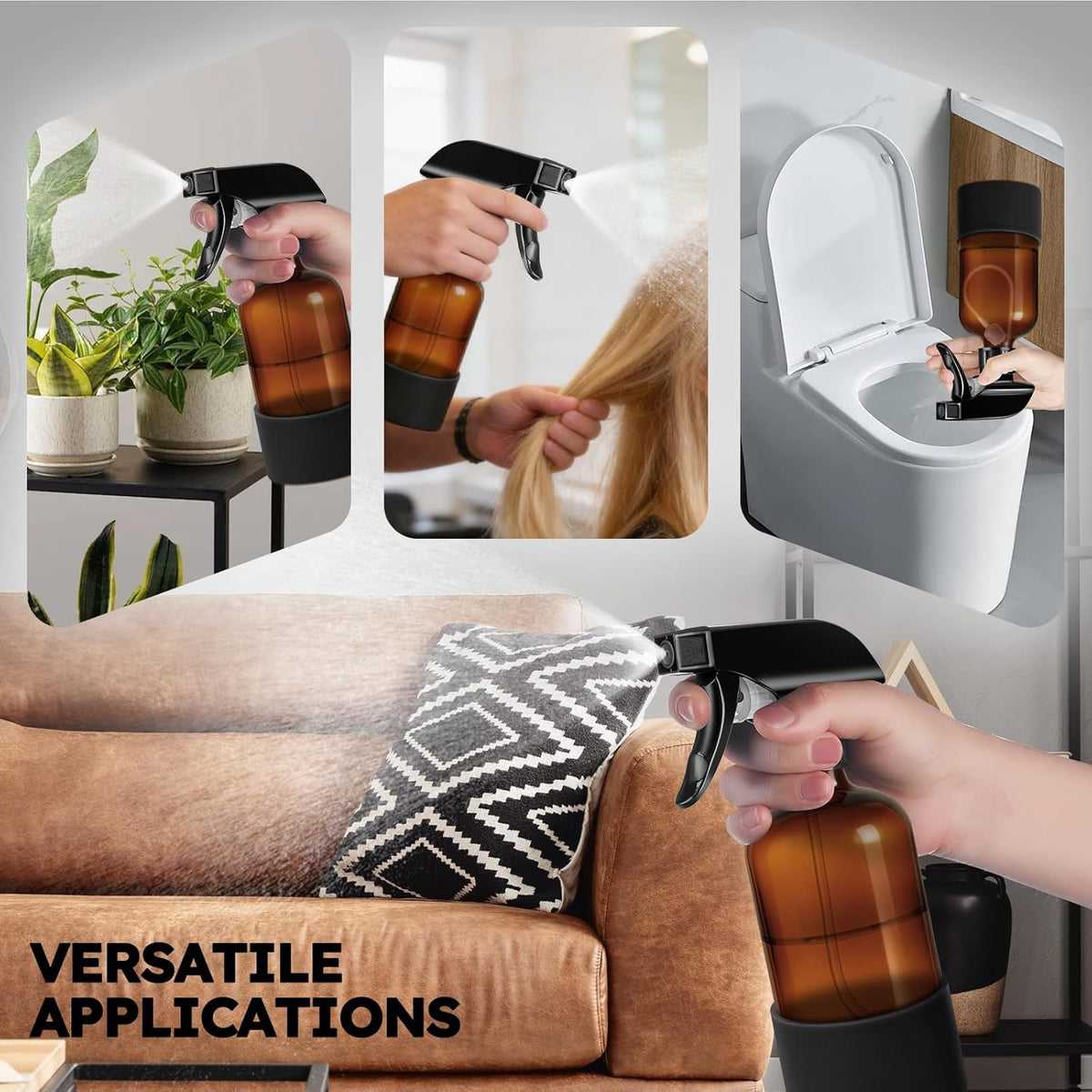 360° Amber Glass Spray Bottles Set - Refillable 16 Oz with Adjustable Nozzles & Silicone Sleeve