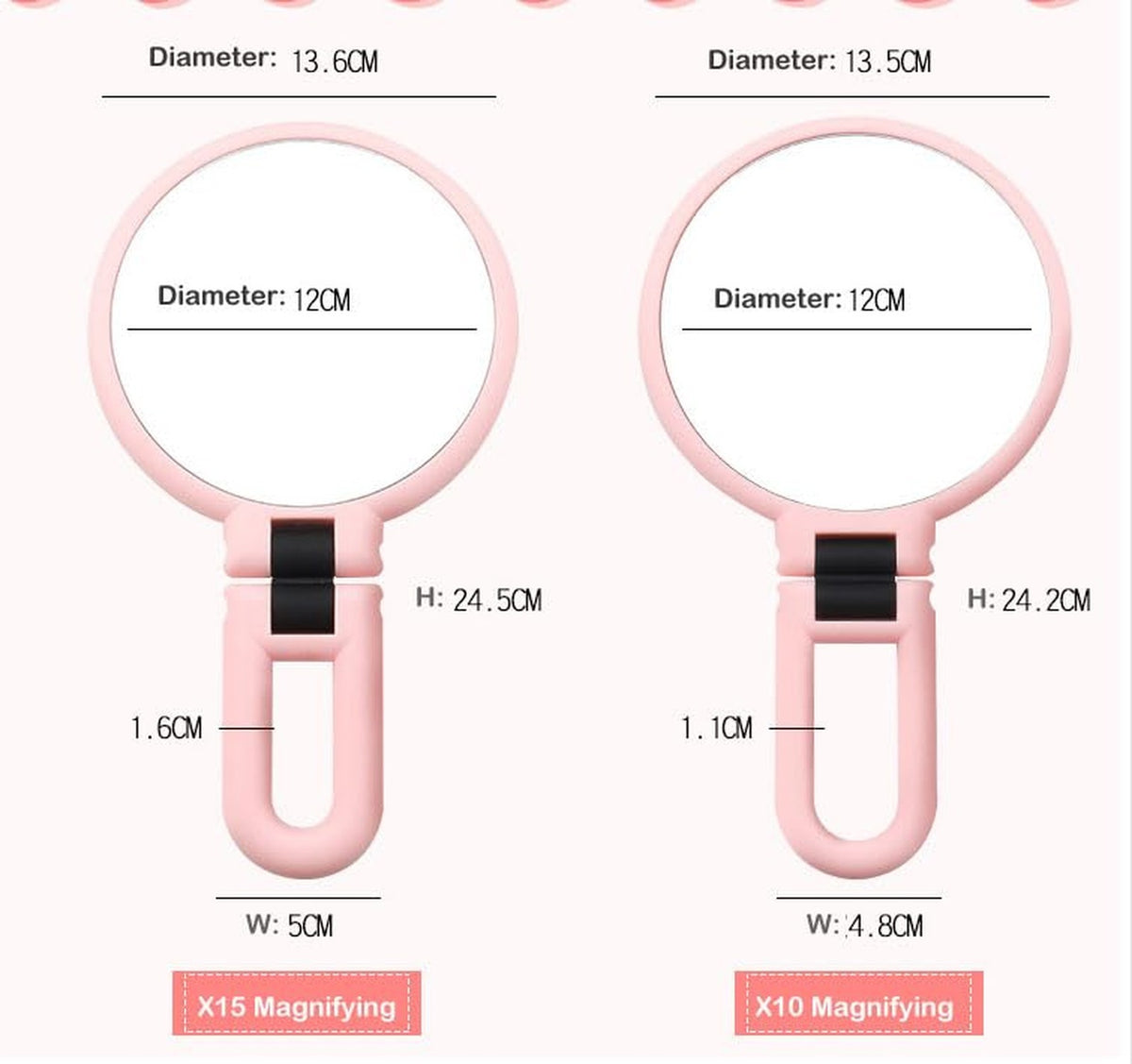 15X Magnifying Handheld Travel Mirror with Handle - Double Sided Folding