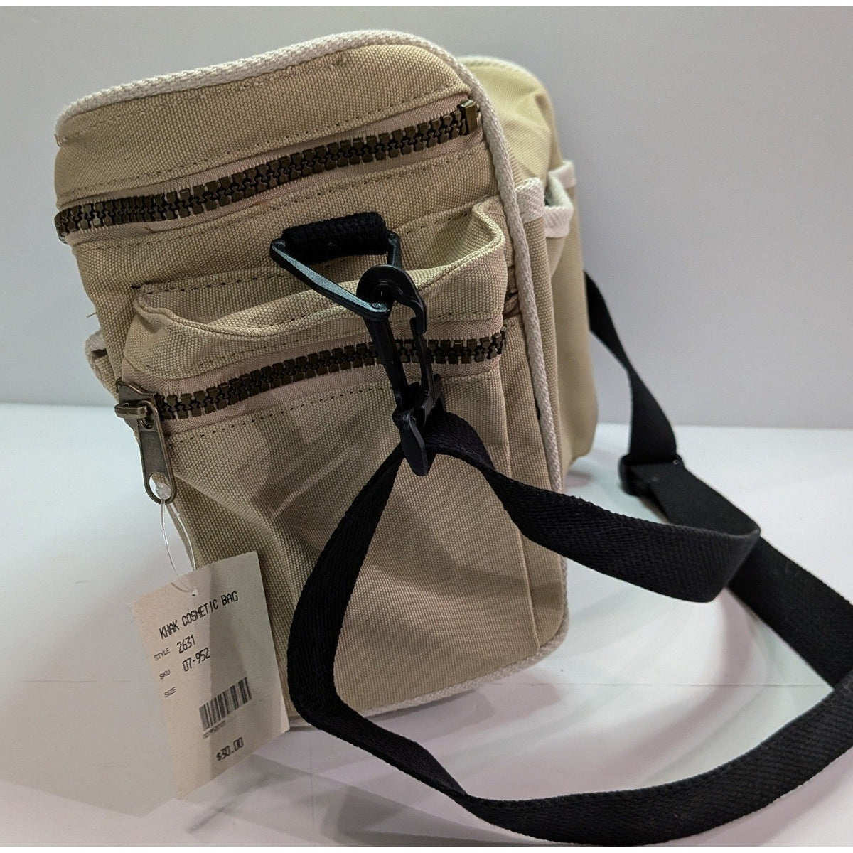 Khaki Canvas Cosmetic Bag Travel Organizer with Multiple Pockets