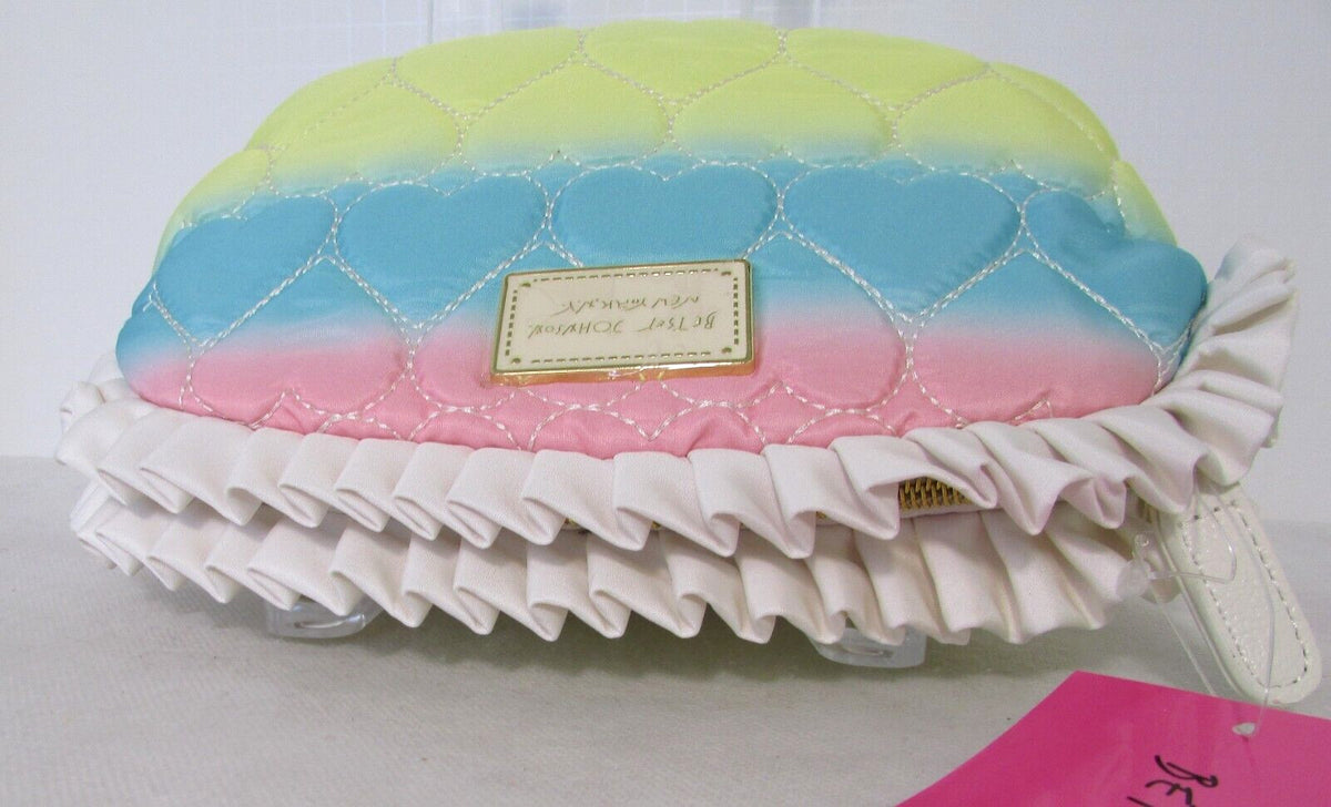 Large Rainbow Hearts Quilted Makeup Bag with Ruffle - Betsey Johnson