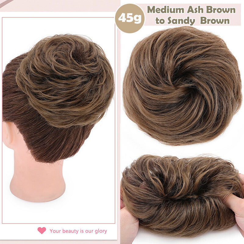 Natural Human Hair Messy Bun Ponytail Extensions with Curly Scrunchie Updo