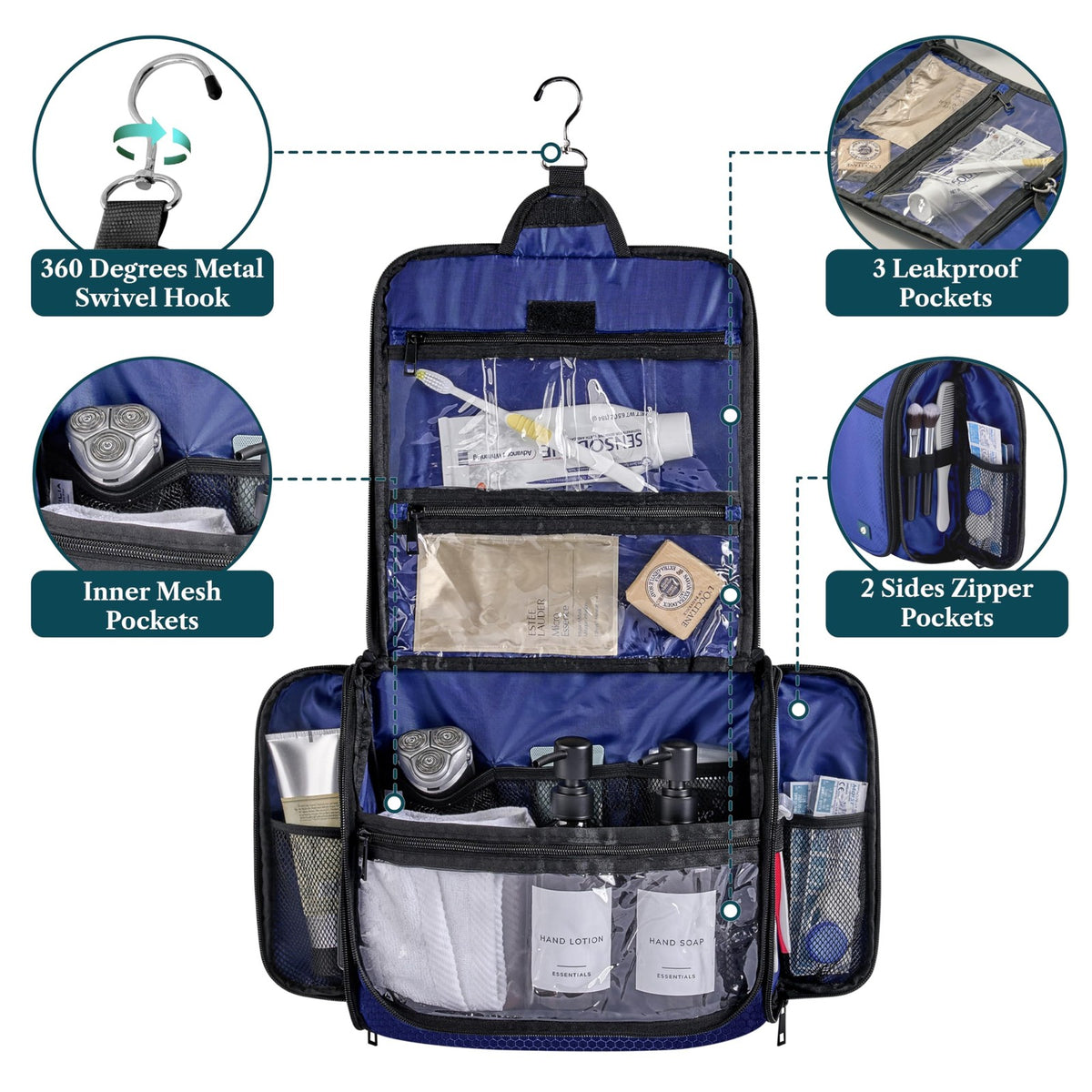 Large Hanging Toiletry Bag with 10 Compartments Water-Resistant Travel Organizer - Swivel Hook, Leakproof Pockets, Blue