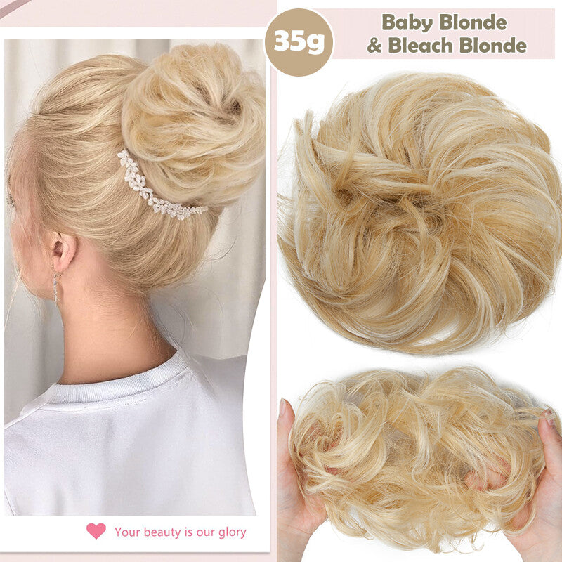 Natural Human Hair Messy Bun Ponytail Extensions with Curly Scrunchie Updo