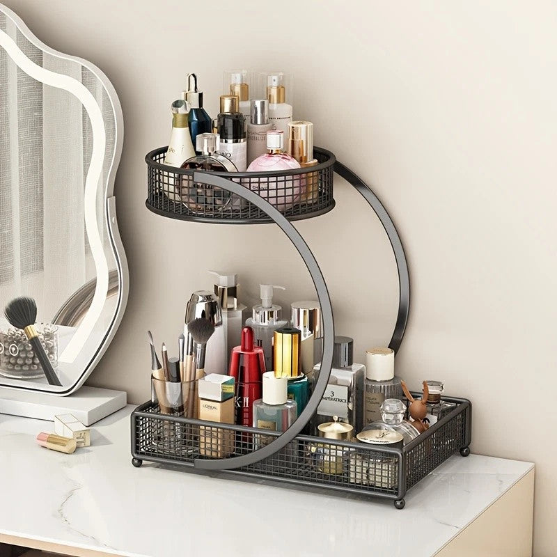 Vintage Two-Layer Makeup Storage Box Bronze Metal Display Organizer