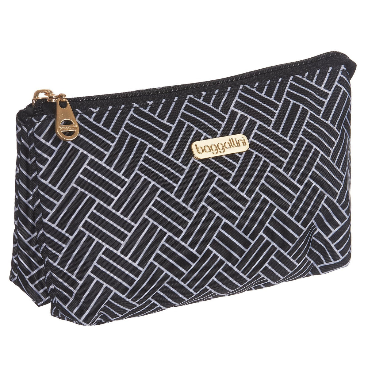 Cosmetic Bag with Multiple Compartments - Gold-Tone Hardware, Black Basket Print