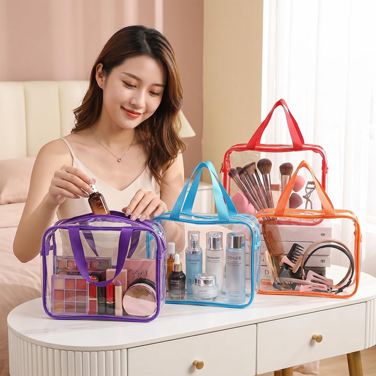 Multicolor Clear Makeup Bag Set - Waterproof PVC Travel Organizer, 4 Pack