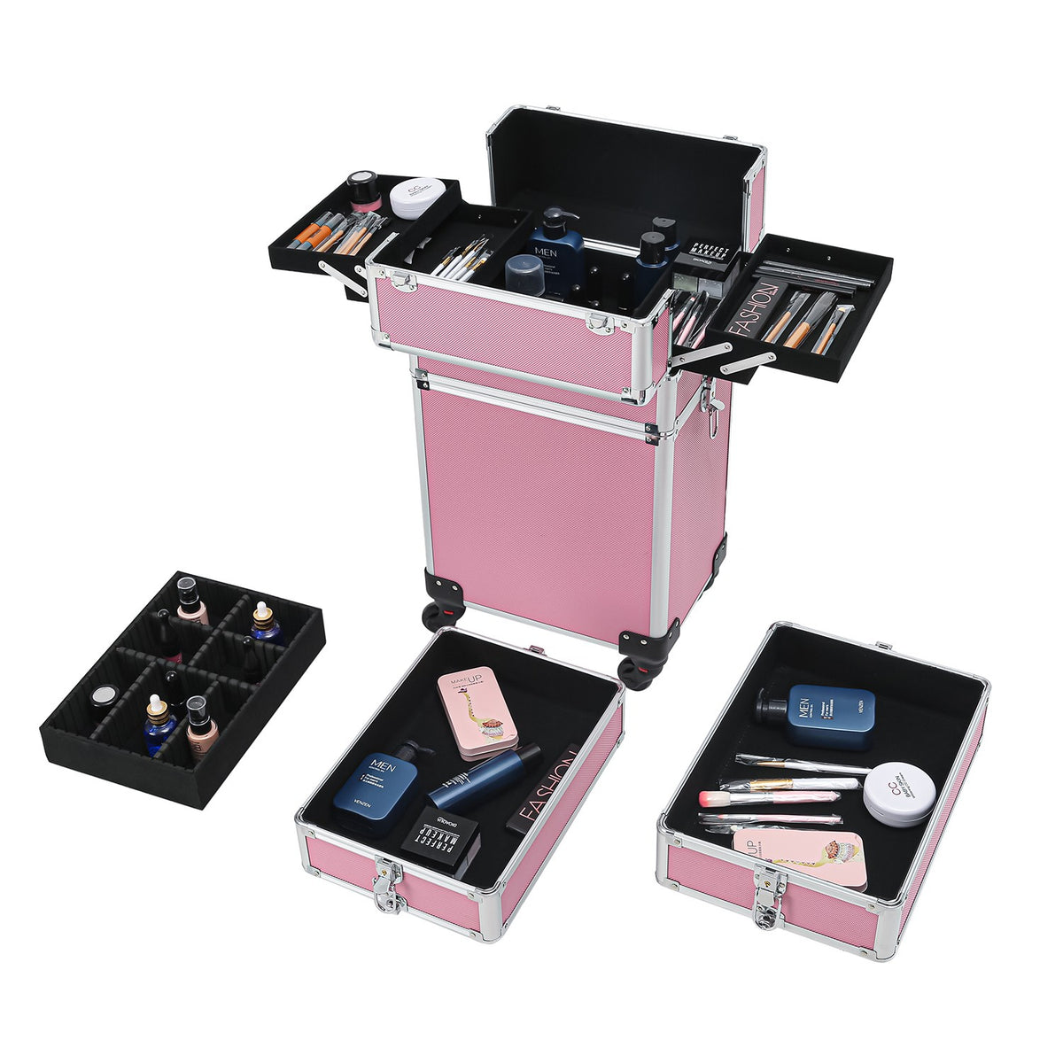 4 in 1 Aluminum Cosmetic Makeup Case with Wheels - Portable Tattoo Organizer