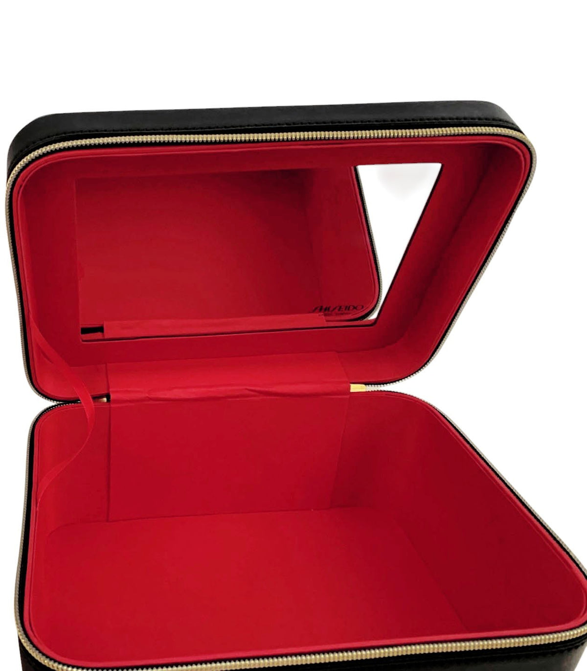 Large Leather Cosmetic Storage Box with Mirror - Black & Red Organizer