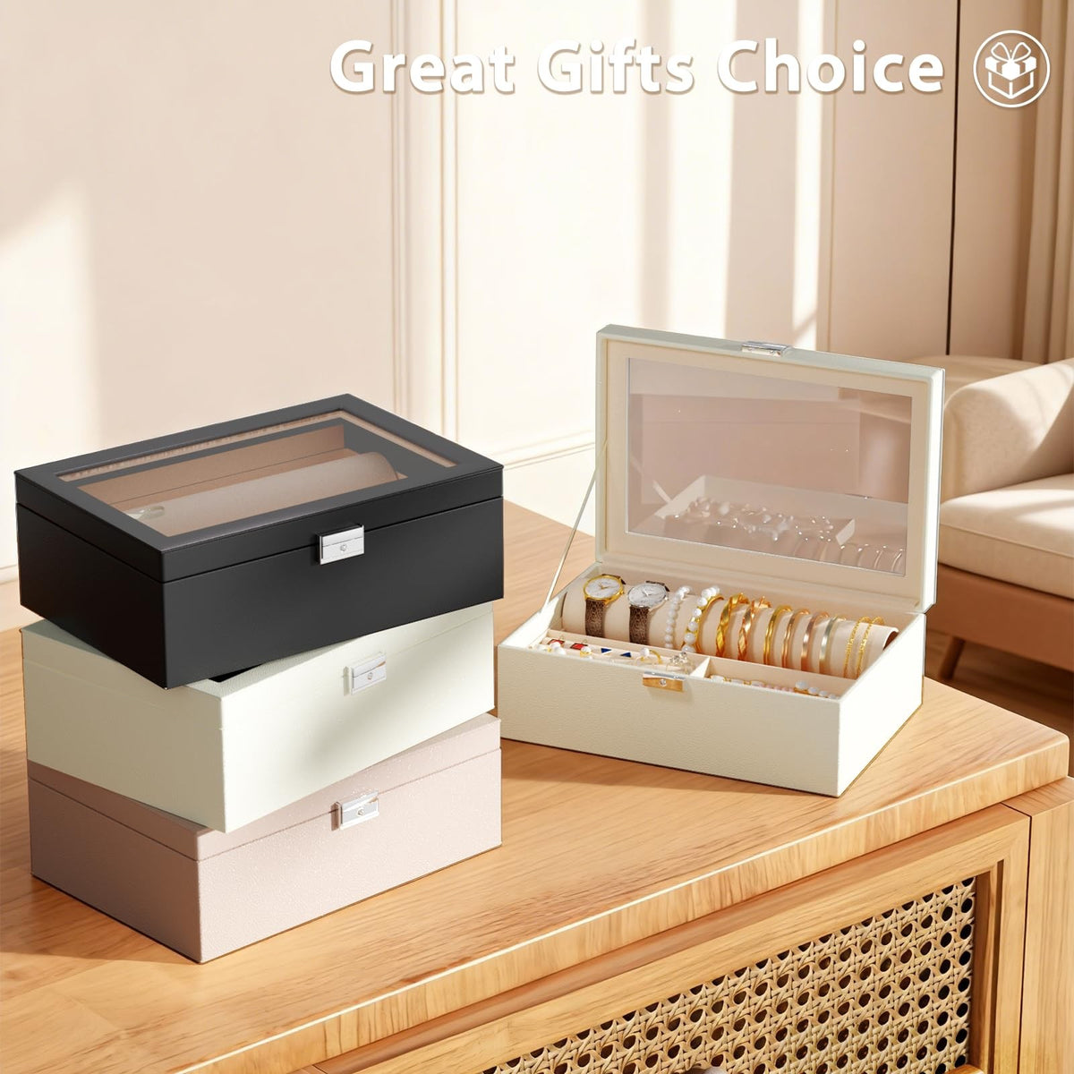 Jewelry Organizer Box with Glass Lid and Bracelet Holder - Black