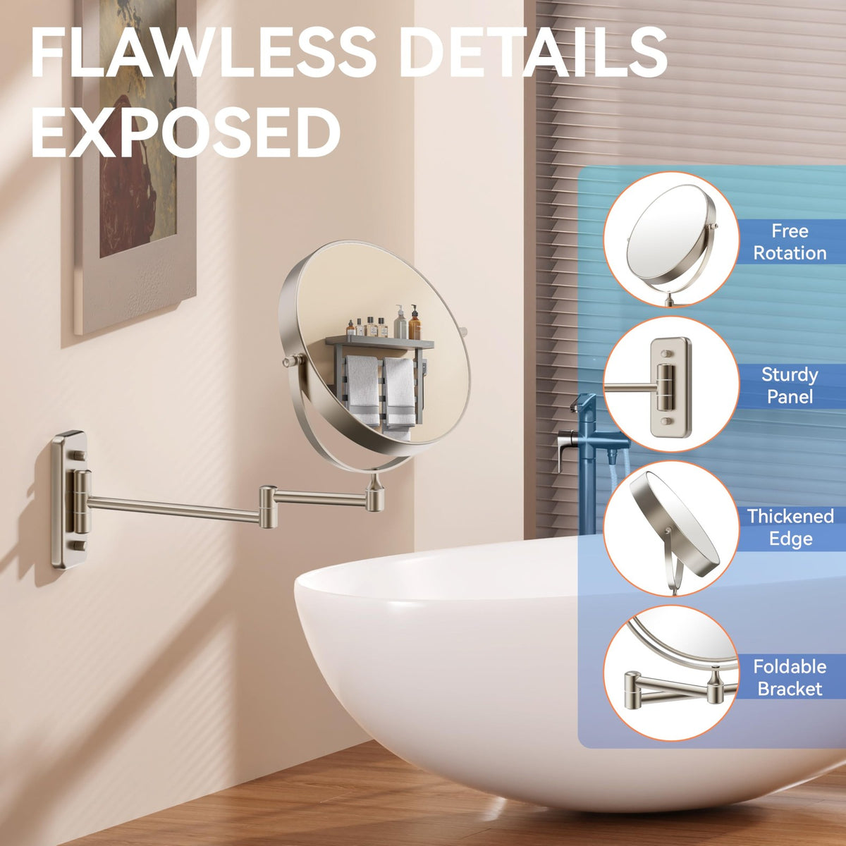Wall Mounted Makeup Mirror with 1X/30X Magnification, Extendable Swivel, Nickel Finish
