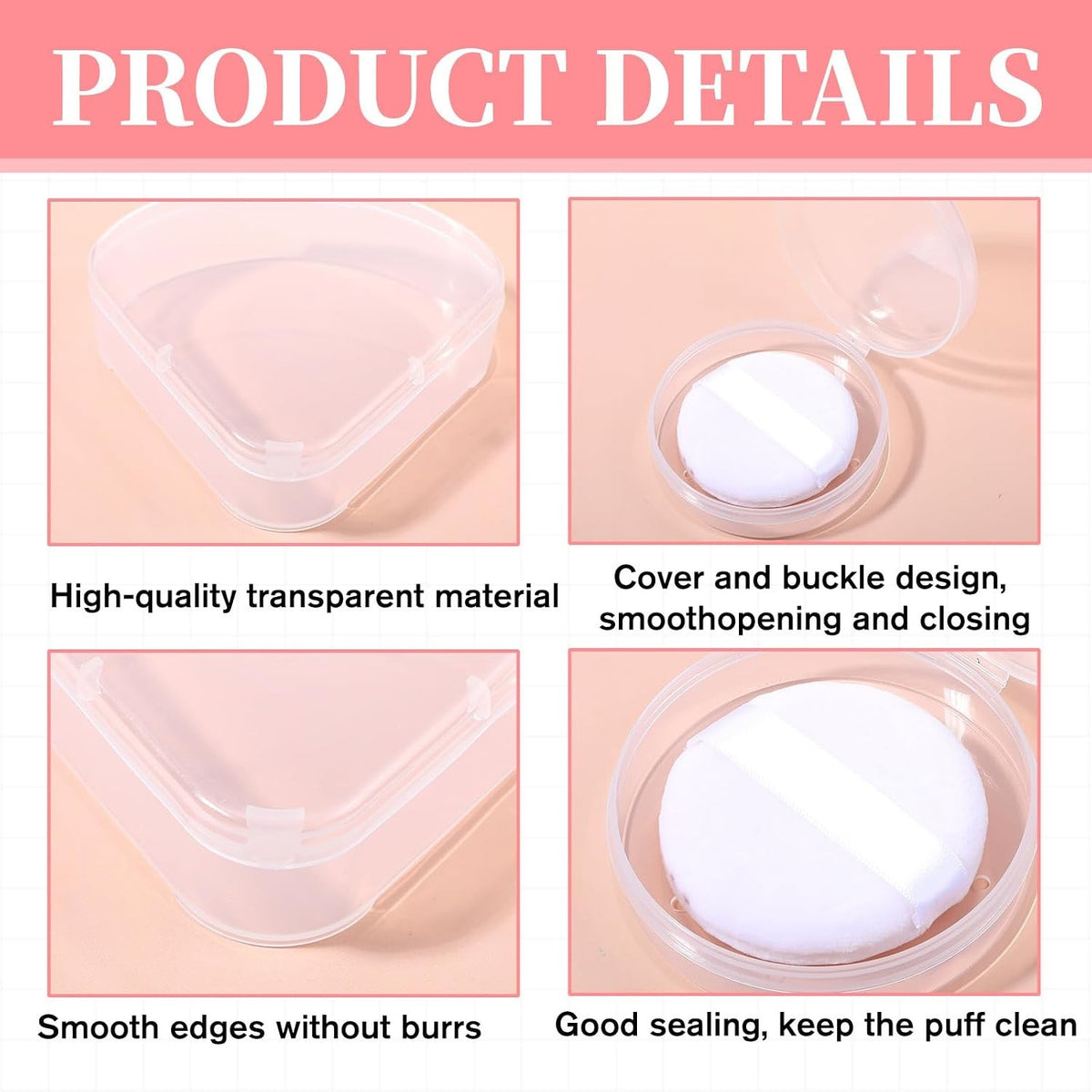 4 Pack Makeup Puff Storage Case Set - Round, Square, Teardrop & Triangle Containers