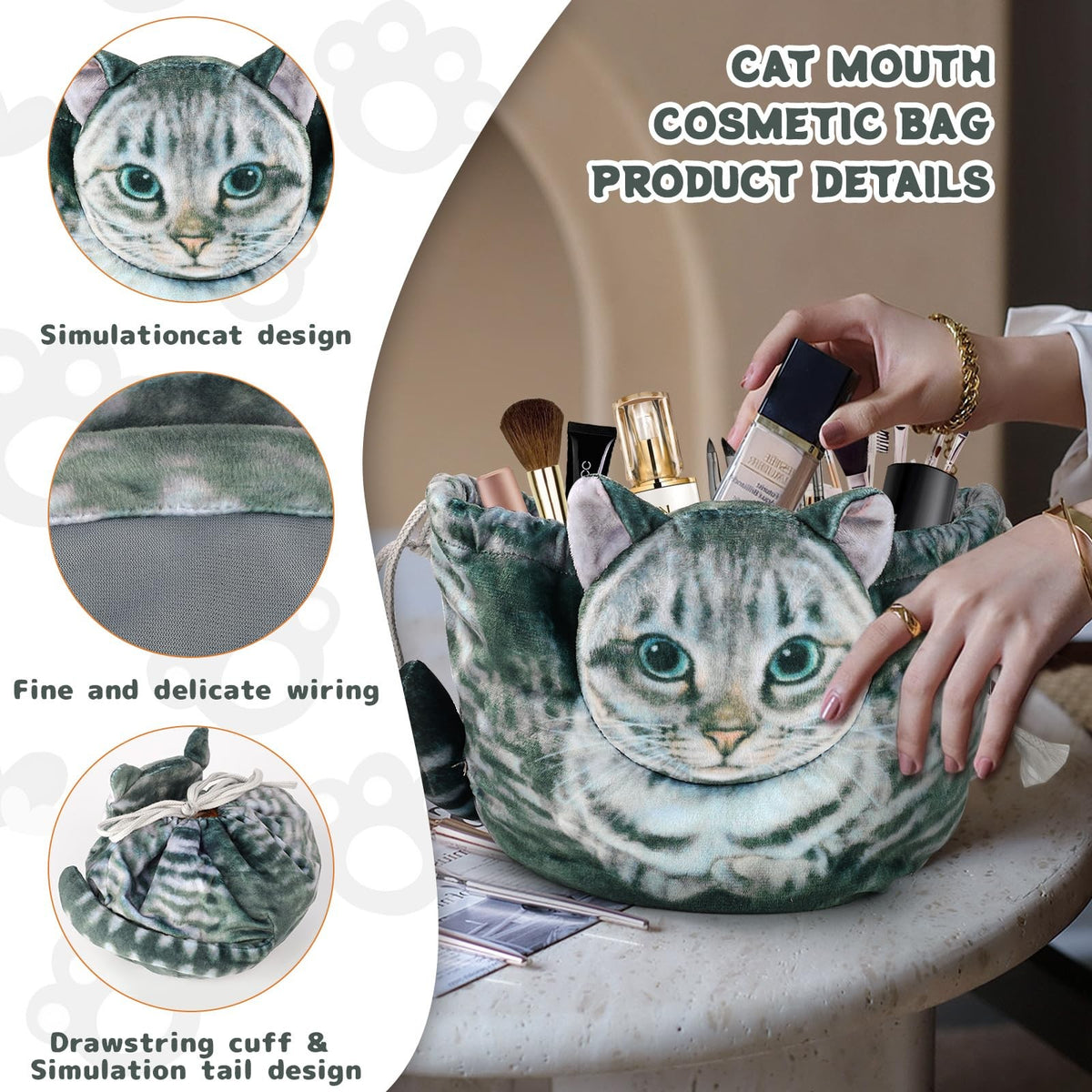 Cute Cat Shaped Drawstring Makeup Bag for Women - Grey Tabby Cosmetic Case