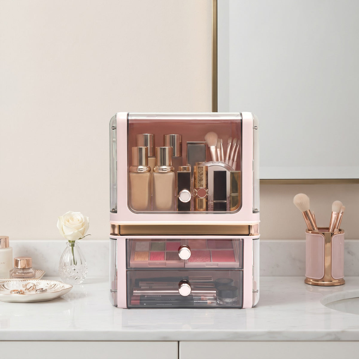 Pink Makeup Organizer with Drawers - Cosmetic Storage Box for Vanity