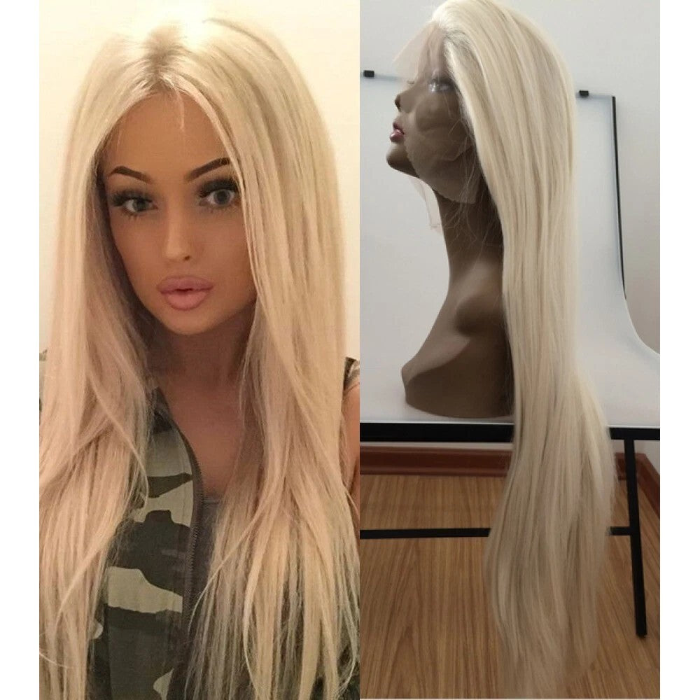 Platinum Blonde Lace Front Wigs Long Straight Synthetic Hair - Wear and Go