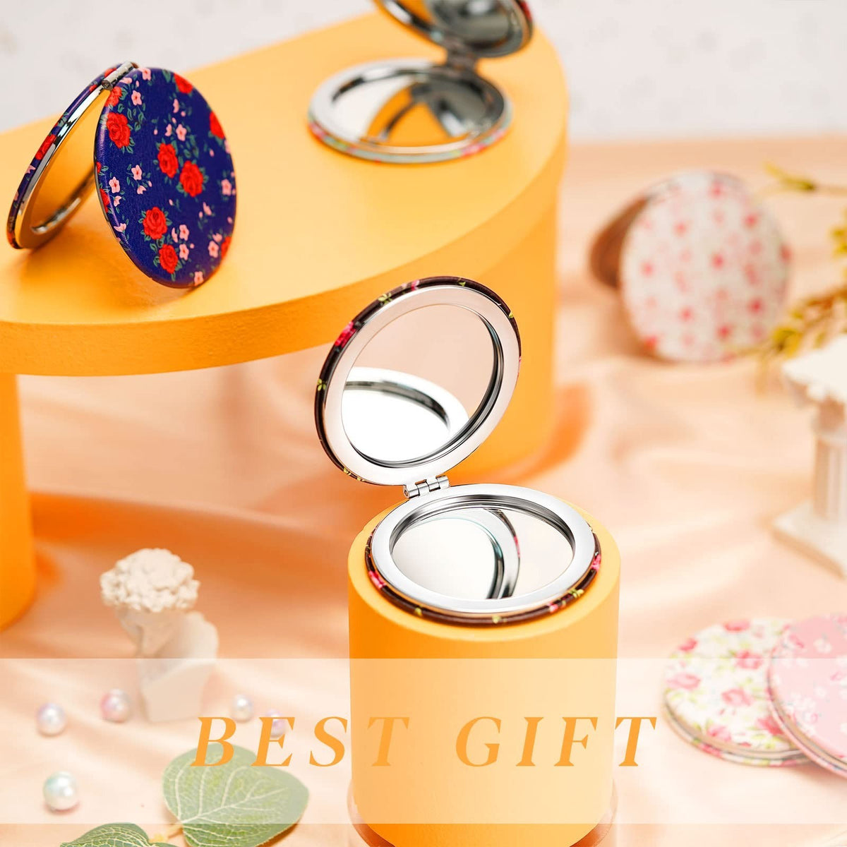 Mini Floral Compact Mirror Set for Women - 6 Pack Portable Folding Makeup Mirrors with Magnification