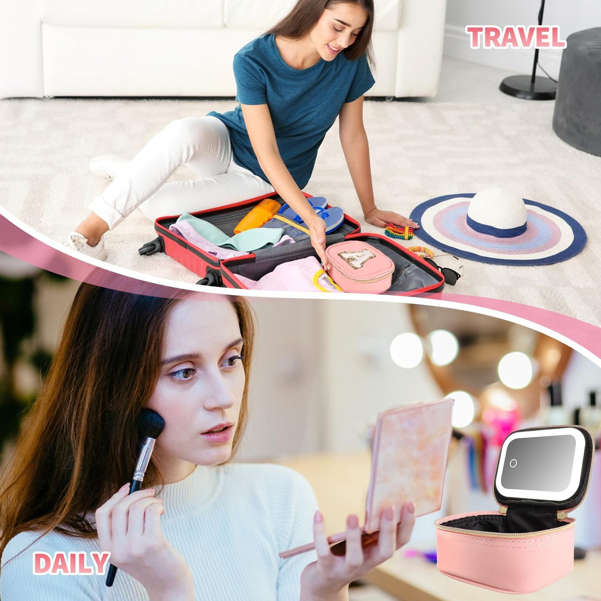 Mini Initial Makeup Bag with LED Mirror & Lights Gift for Women Girls