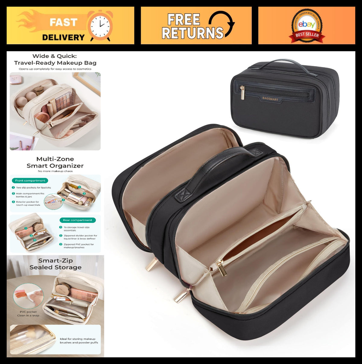 Travel Makeup Bag with Multiple Compartments and Waterproof Design - Compact Cosmetic Organizer