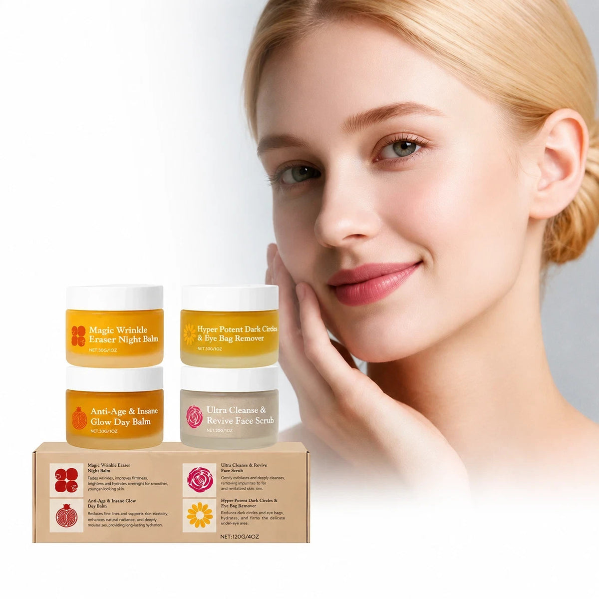 Mature Skin Face Balm Set with Exfoliator & Eye Cream for Women