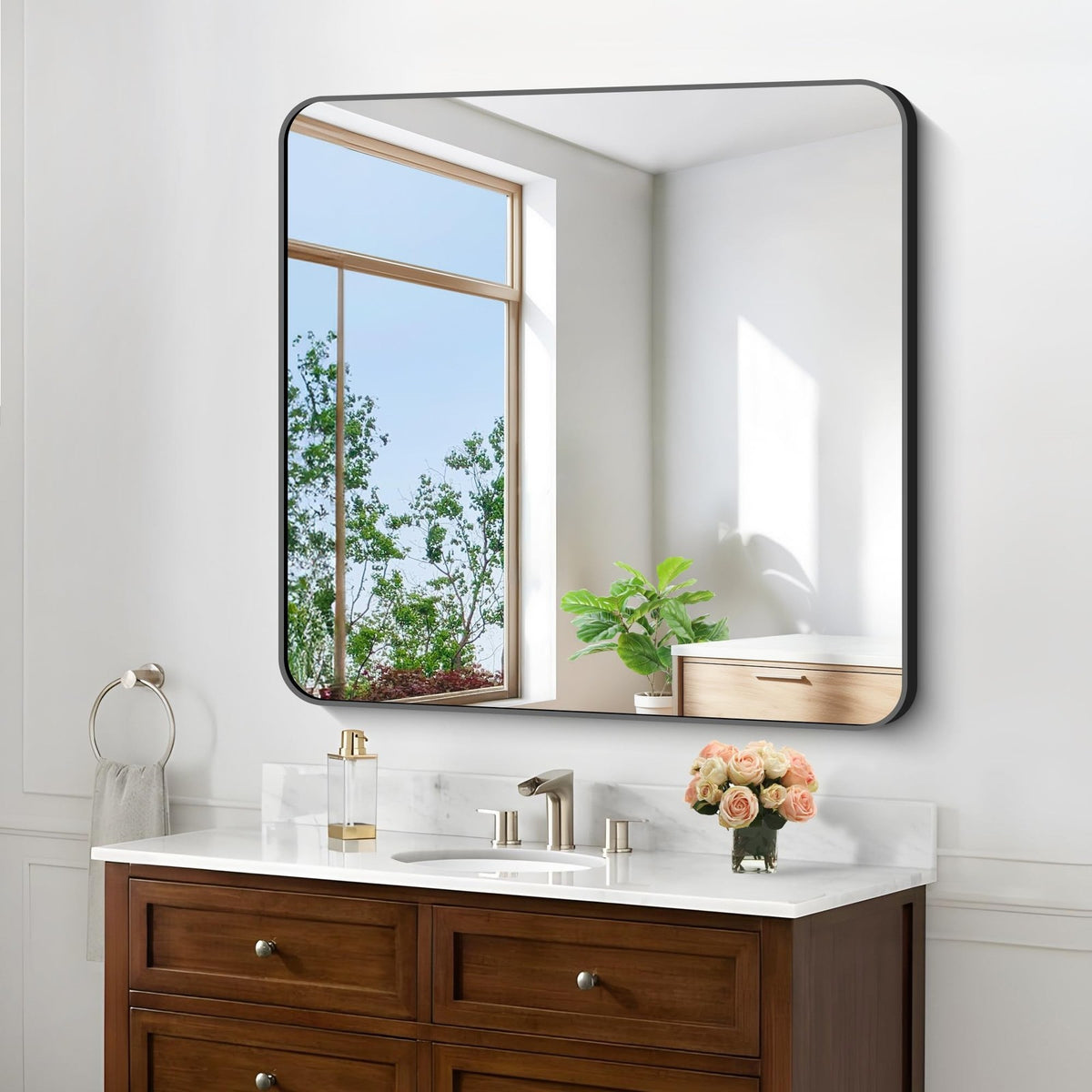 30x30 Inch Black Wall-Mounted Bathroom Mirror with Rounded Corners