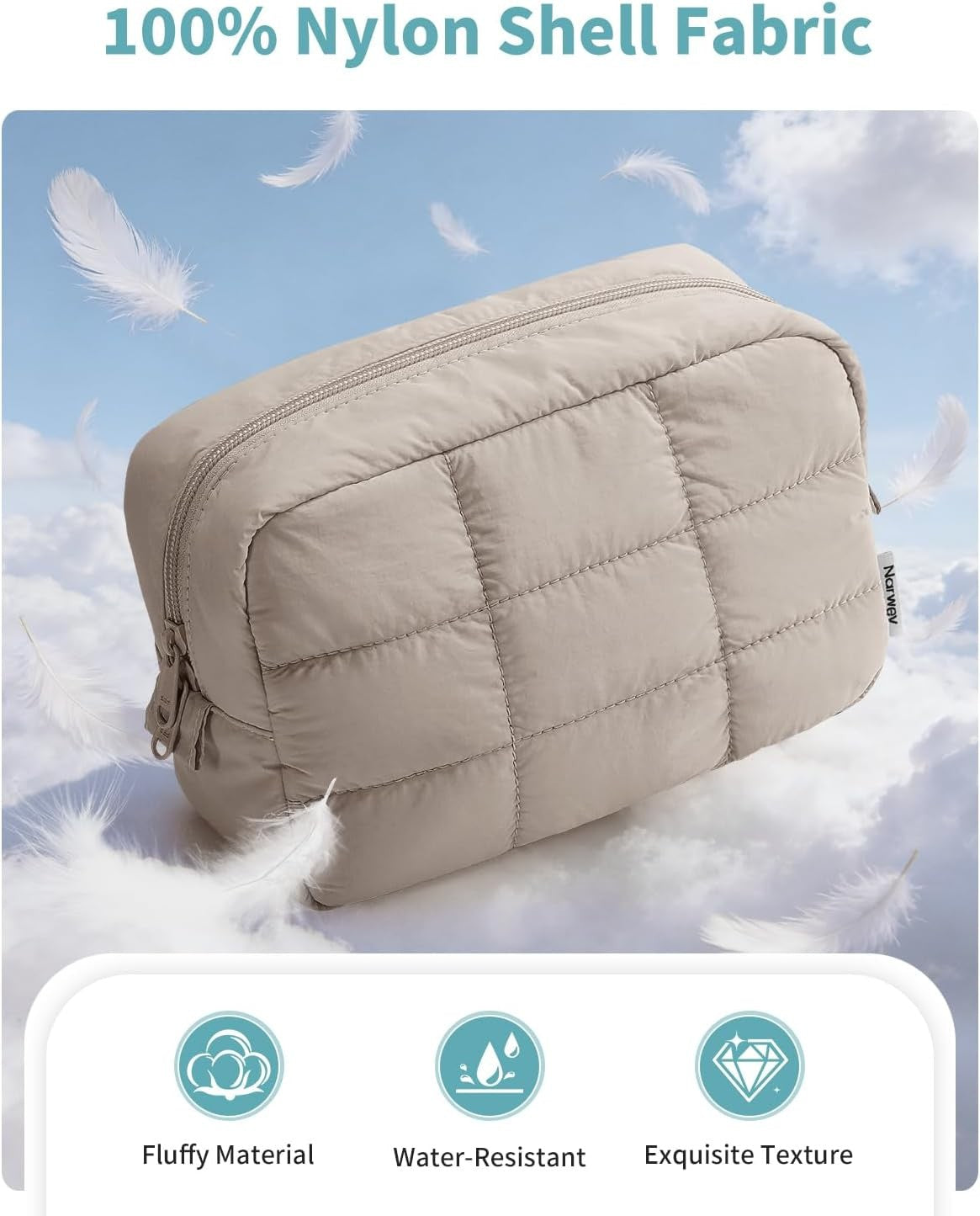Quilted Makeup Bag for Women Travel Cosmetic Organizer Puffer Pouch Khaki