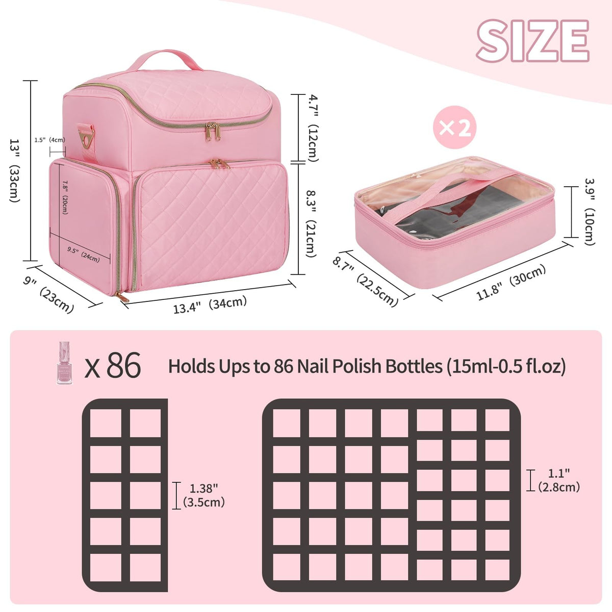 Light Pink Nail Polish Organizer Case with 86 Slots, Double Layer & Removable Pouches
