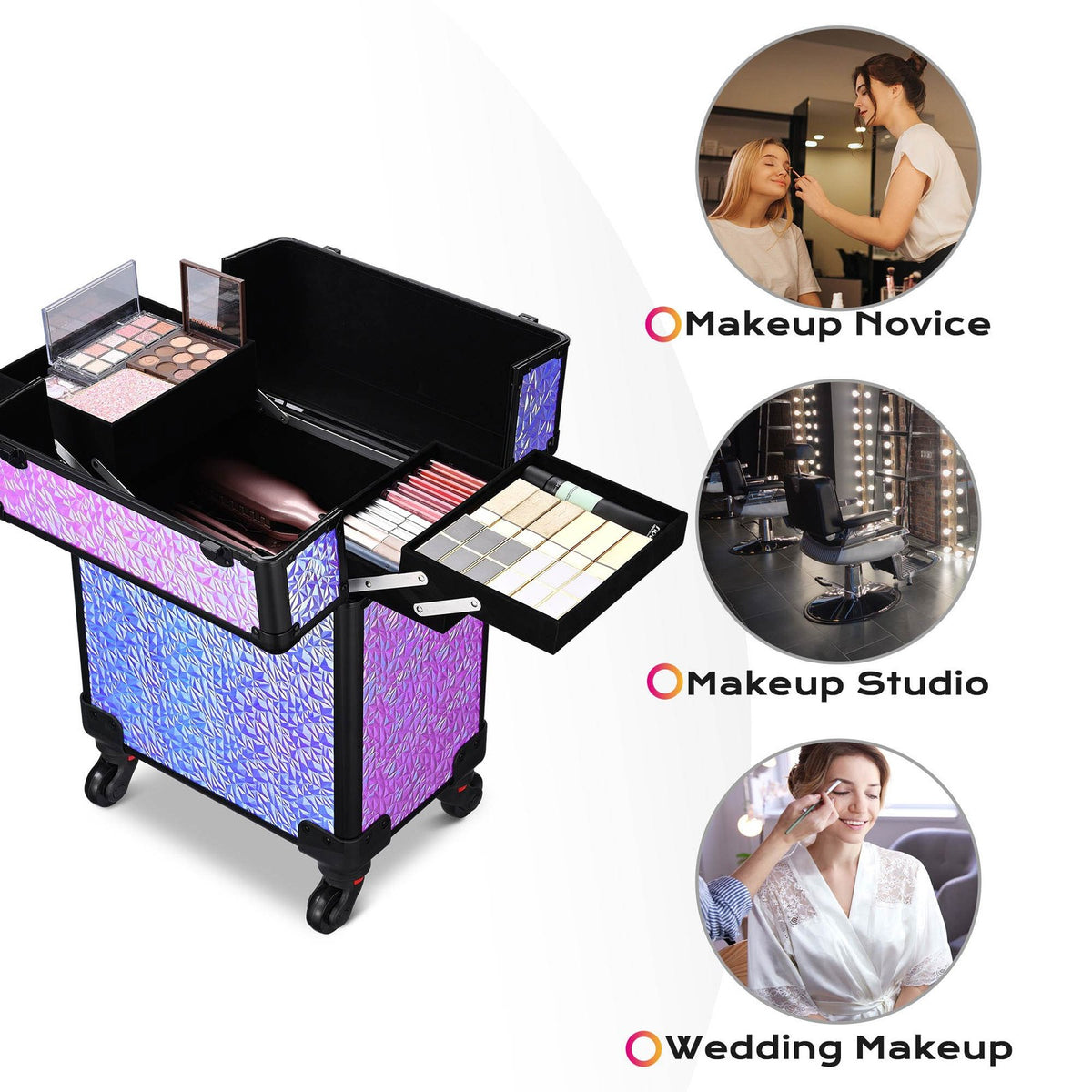 Rolling Makeup Train Case with Extendable Trays - Aluminum Cosmetic Organizer