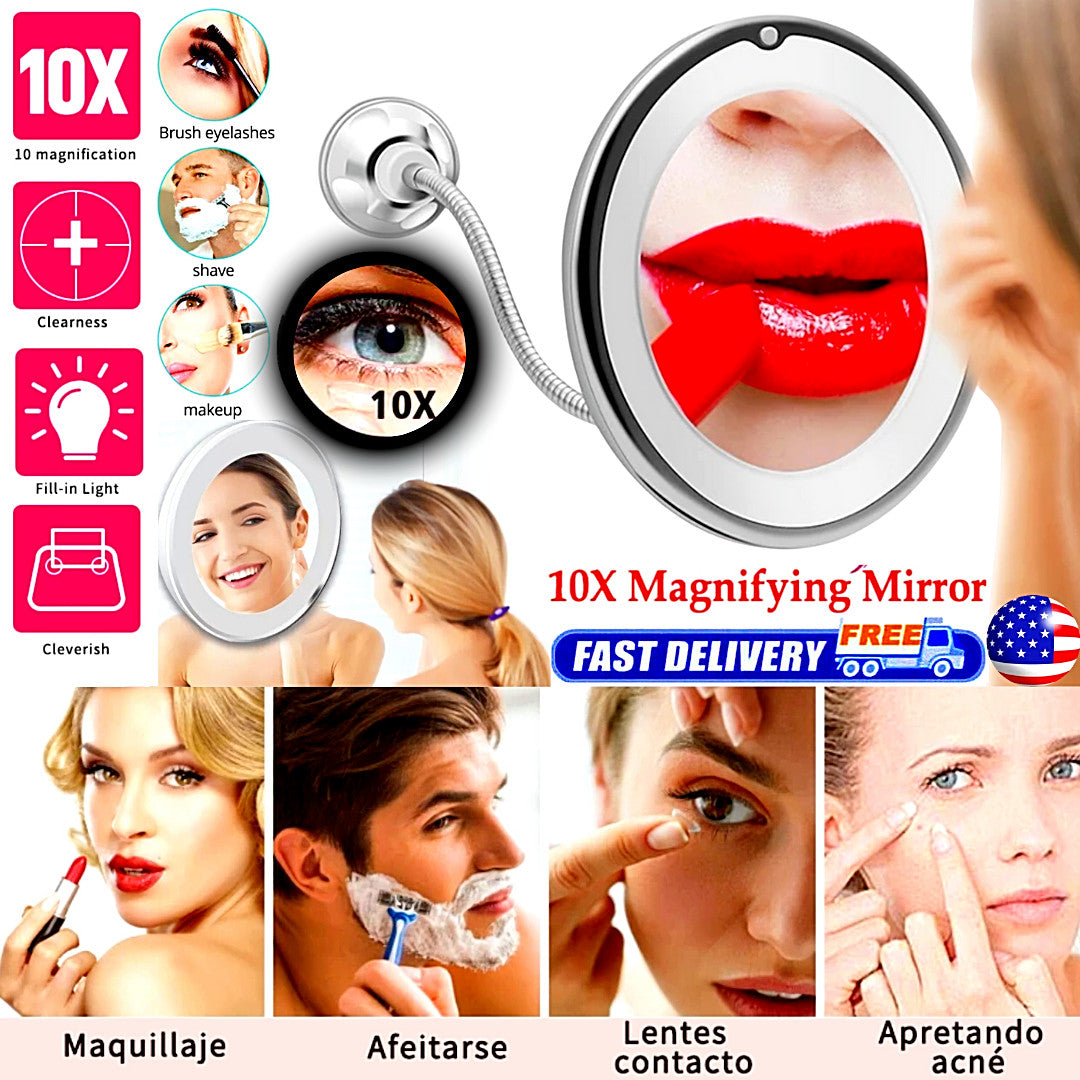 Magnifying Makeup Mirror with LED Light and Flexible Gooseneck 10x Zoom