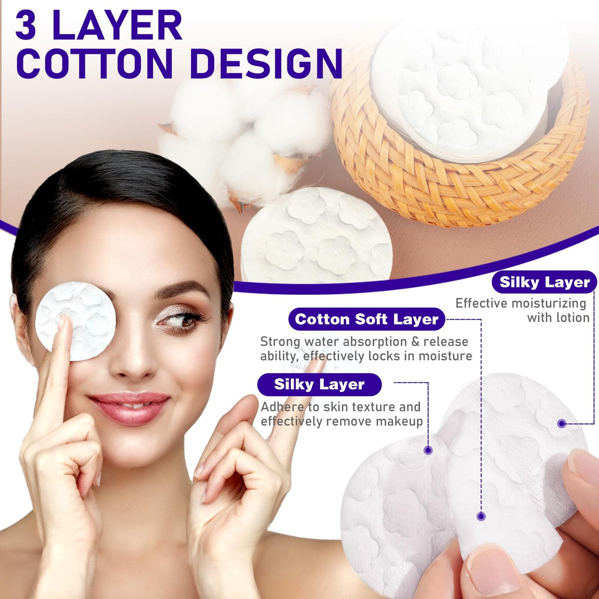 Premium Cotton Face Pads - 300 Count, Hypoallergenic, Multi-Layer Makeup Remover